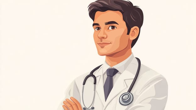 Confident male doctor wearing lab coat and stethoscope, representing healthcare and medical expertise
