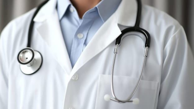 Close-up of doctor's white coat with stethoscope, representing healthcare and medical expertise