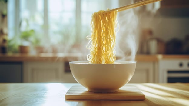 Warm and comforting scene of enjoying a hot bowl of noodles in a bright kitchen using chopsticks
