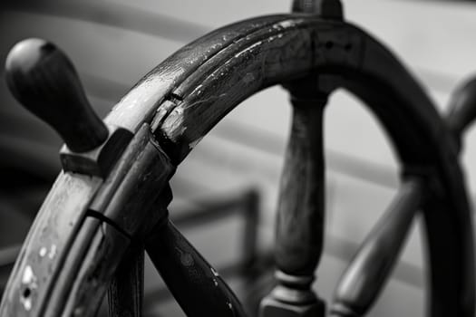 Close-up of vintage wooden ship's wheel with detailed texture in black and white.