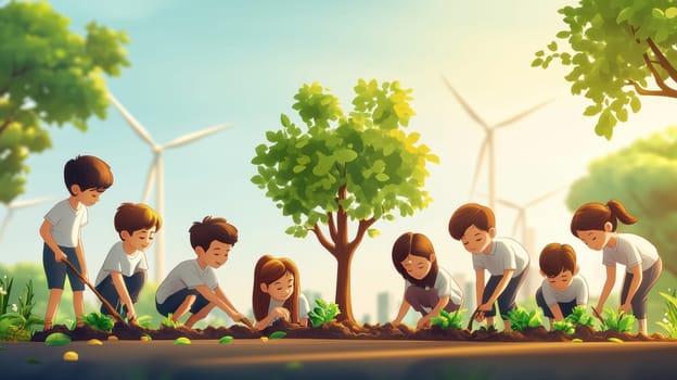Kids planting trees near wind turbines, promoting environmental conservation and renewable energy for a sustainable future.