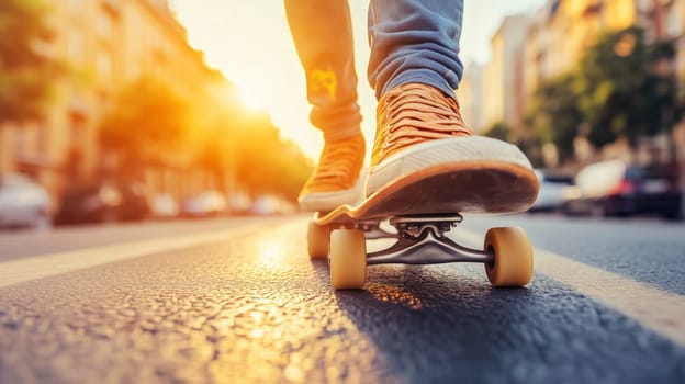 Close-up of skateboarder riding down city street at sunset