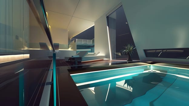 Modern luxurious indoor pool with elegant lighting and sleek architectural design.