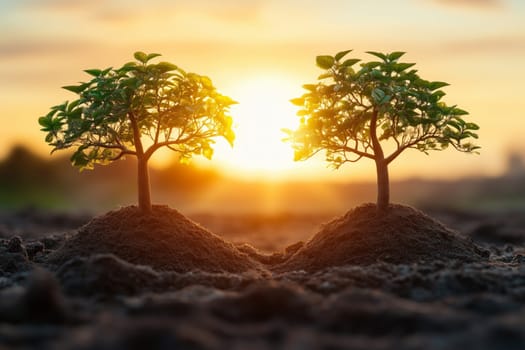 Two young trees growing on mounds of soil during a vibrant sunset represent new beginnings, environmental sustainability, and growth