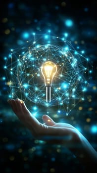 Hand holding a bright light bulb inside a digital network sphere, symbolizing innovation and creativity