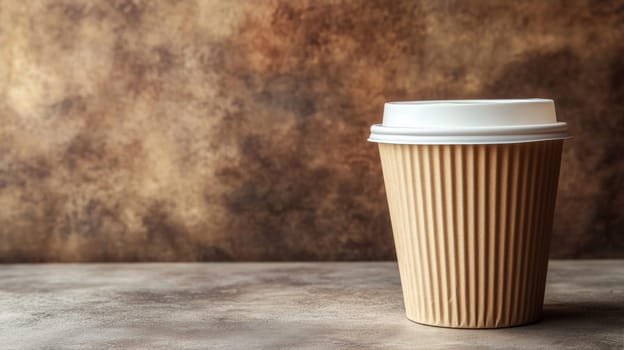 Takeaway ripple-walled paper cup with white plastic lid on a table against a grunge background.