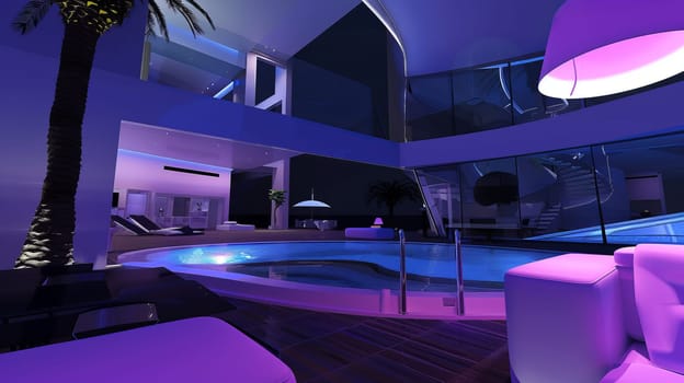 Modern luxurious indoor pool area with futuristic lighting and sleek design.