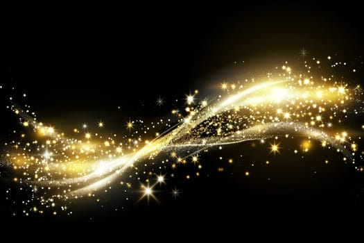 Golden sparkling wave on black background with shimmering particles and stars.