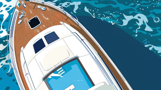 Top view of a luxury yacht on clear blue ocean water.