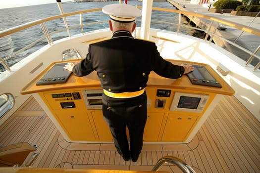Elderly caucasian male captain steering yacht on sunny day at sea.