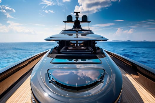Luxury yacht cruising open ocean under clear blue sky.