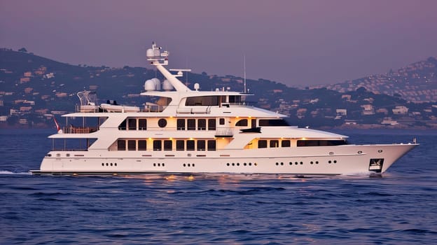 Luxurious white yacht sailing at sunset near coastal hills.