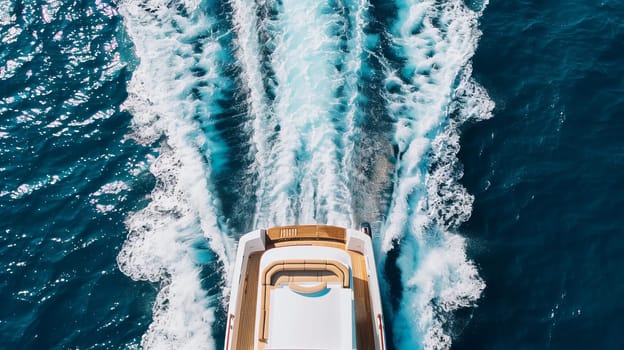 Aerial view of luxury yacht cruising through vibrant blue ocean waters.