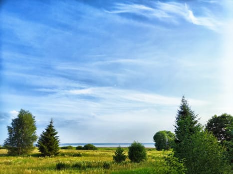 Bright blue sky filled with fluffy clouds stretches over a serene meadow dotted with trees and grass, near a calm body of water.