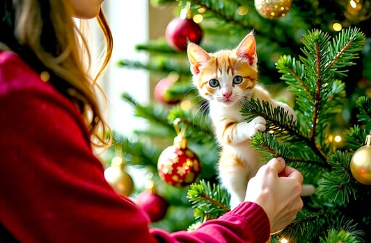 A person wearing a red sweater gently interacts with a curious orange kitten climbing among colorful ornaments on a festive Christmas tree.