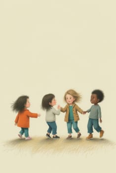 A charming illustration depicts four toddlers, each with unique features, engaging in a playful hand-holding circle. Their joyful expressions suggest a shared experience of friendship and camaraderie.