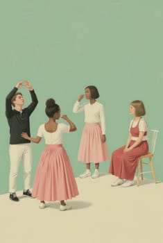 A stylized illustration depicts four young adults of diverse ethnicities. They are dressed in simple, pastel-colored clothing. The setting is minimalist, focusing attention on the subtle interactions between the individuals.
