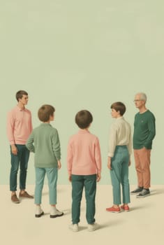 A painting depicting five people—two young men, two young women, and an older man—standing in a circle. They appear to be in quiet reflection. The muted color palette and composition evoke a sense of calm.