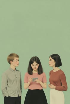 A stylized illustration of three young adults, a boy and two girls. One girl looks at a device, while the others watch. The pale green background enhances the image's calm and contemplative mood.