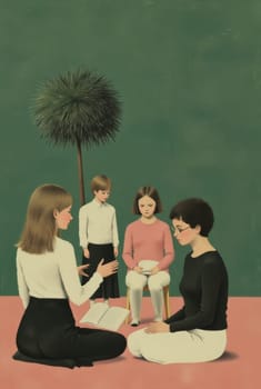 An illustration depicting a woman reading to a group of children. They sit on a floor, surrounded by a serene atmosphere. The scene evokes a feeling of quiet learning and shared experience.