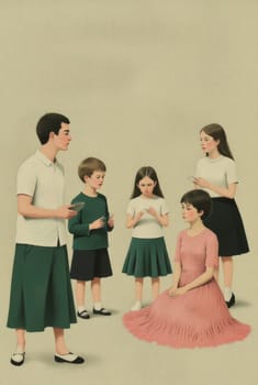 A meticulously rendered illustration depicts a group of children and a young adult, possibly a family, gathered together in a calm and contemplative setting. Their expressions are subdued, and they appear to be handling small objects.