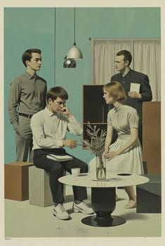 Four young adults, two men and two women, are gathered in a contemporary room. The atmosphere is calm and contemplative as they discuss something of importance.