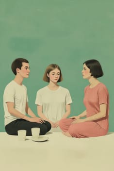 Three individuals, a young man and two young women, sit cross-legged on a pale floor against a muted green background. They appear to be in quiet contemplation or discussion, creating a peaceful and introspective atmosphere.