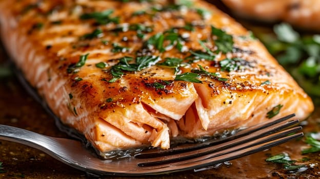 Close up of grilled salmon with herbs.