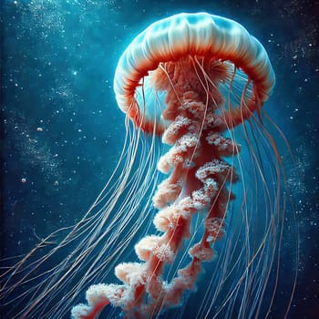Glowing jellyfish in deep blue water, surrounded by delicate tentacles and shimmering light reflections, symbolizes the beauty and mysticism of the underwater world.