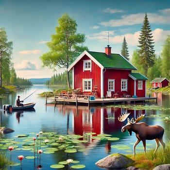 A red wooden house on a lake in Sweden with a moose standing in the water and a boat with an angler, surrounded by green nature, water lilies and trees, reflects Scandinavian tranquility, harmony and rural idyll.