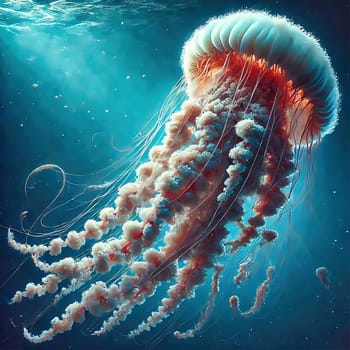 Glowing jellyfish in deep blue water, surrounded by delicate tentacles and shimmering light reflections, symbolizes the beauty and mysticism of the underwater world.