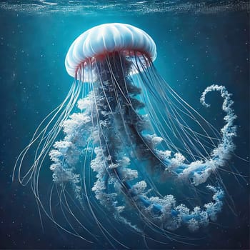 Glowing jellyfish in deep blue water, surrounded by delicate tentacles and shimmering light reflections, symbolizes the beauty and mysticism of the underwater world.