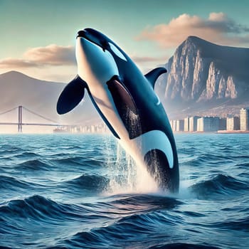 A majestic orca leaps out of the water against an impressive backdrop of waves and blue sky.