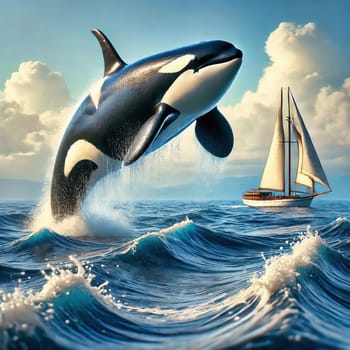A majestic orca leaps out of the water against an impressive backdrop of a sailboat, waves and blue sky.