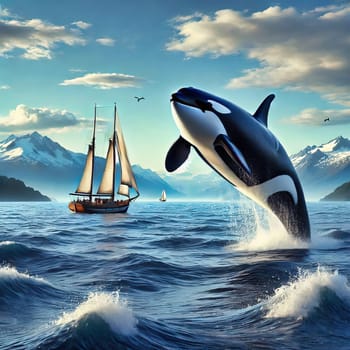 A majestic orca leaps out of the water against an impressive backdrop of a sailboat, waves and blue sky.