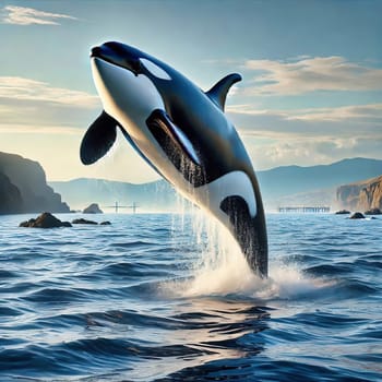 A majestic orca leaps out of the water against an impressive backdrop of waves and blue sky.