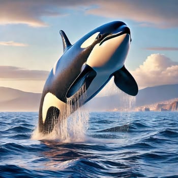 A majestic orca leaps out of the water against an impressive backdrop of waves and blue sky.