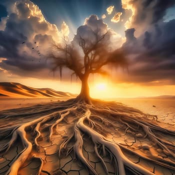 Majestic tree in an arid desert landscape, its roots traversing the cracked earth, illuminated by a golden sunset.
