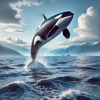 A majestic orca leaps out of the water against an impressive backdrop of waves and blue sky.