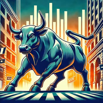 An imposing bull in the middle of an urban street scene, flanked by skyscrapers, symbolizes strength and financial power.