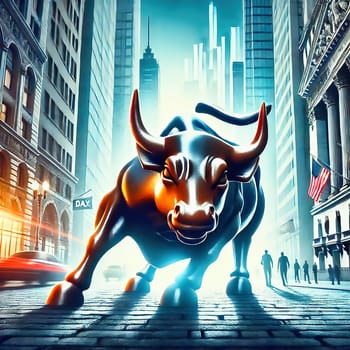 An imposing bull in the middle of an urban street scene, flanked by skyscrapers, symbolizes strength and financial power.