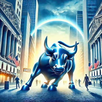 An imposing bull in the middle of an urban street scene, flanked by skyscrapers, symbolizes strength and financial power.
