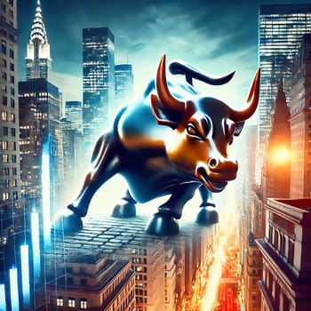An imposing bull in the middle of an urban street scene, flanked by skyscrapers, symbolizes strength and financial power.