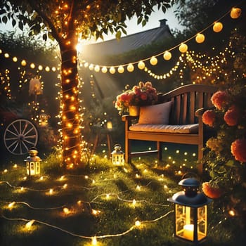 Fairy lights in the garden with garden bench. Lights twinkle from trees, bushes and meadow. Romantic evening atmosphere
