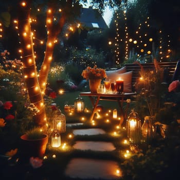 Fairy lights in the garden with garden bench. Lights twinkle from trees, bushes and meadow. Romantic evening atmosphere