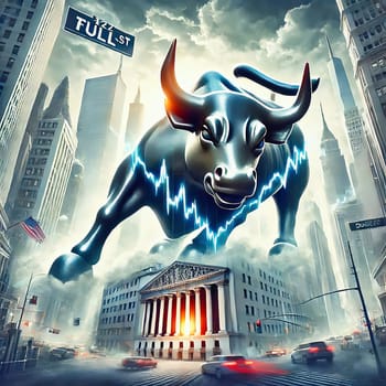 An imposing bull in the middle of an urban street scene, flanked by skyscrapers, symbolizes strength and financial power.