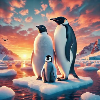 A penguin family portrait at sunset. Two adult penguins and a chick stand on an ice floe, surrounded by a majestic polar landscape.