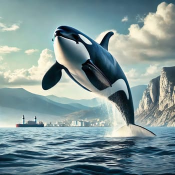 A majestic orca leaps out of the water against an impressive backdrop of an oil tanker, waves and blue sky.