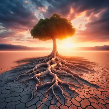 Majestic tree in an arid desert landscape, its roots traversing the cracked earth, illuminated by a golden sunset.