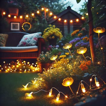 Fairy lights in the garden with garden bench. Lights twinkle from trees, bushes and meadow. Romantic evening atmosphere